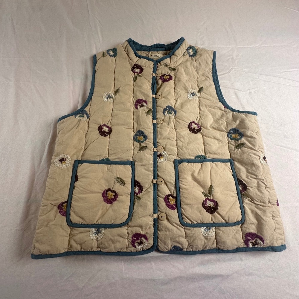 MarMar Copenhagen Kids Embroidered Pansy Quilted Vest Tan Blue Floral Size 10Y